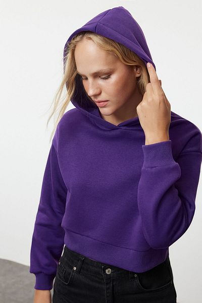 Trendyol Collection Lila Fleece-Kapuzen-Kurz-Sweatshirt aus Strick - Dickes Innendesign TWOAW24sw00105