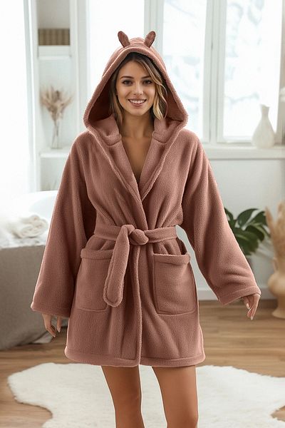 Trendyol Collection Brown Belted Hood, Ear and Pocket Detailed Wellsoft Winter Knitted Dressing Gown Thmaw25Sb00007
