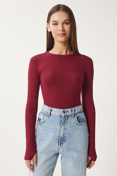 Happiness İstanbul Burgunderrote Basic-Strickbluse für Damen mit Rundhalsausschnitt CR00439