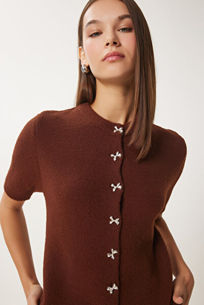 Happiness İstanbul Γυναικεία καφέ κομψή πλεκτή ζακέτα με φιόγκο με γένια DP00219