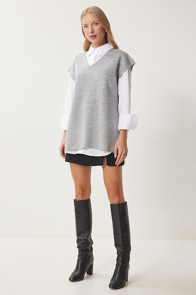 Happiness İstanbul Women's Light Gray V-Neck Belted Long Knitwear Sweater Us00185