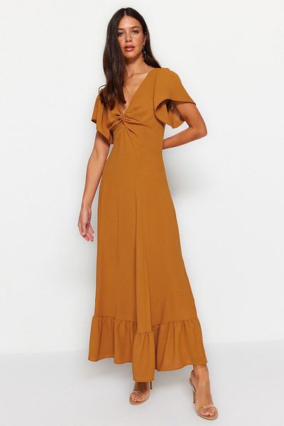 Trendyol Collection Detailní tkané šaty Cinnamon A-Cut límeček TWOSS23EL02065