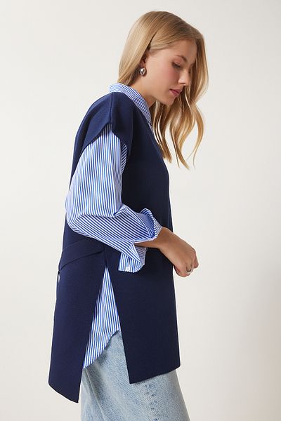 Happiness İstanbul Marineblauer Damen-Pullover mit V-Ausschnitt und Gürtel, lang, US00185