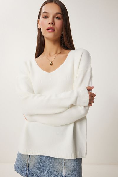 Happiness İstanbul Women's Bone V-Neck Knit Sweater ZA00063