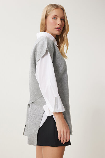 Happiness İstanbul Жіночий світло-сірий светр з V-подібним вирізом Suveter US00185