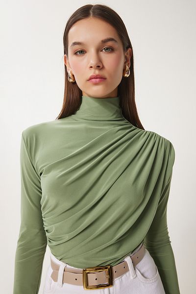 Happiness İstanbul Grüne Chağla-Sandy-Bluse mit Kordelzug und Stehkragen für Damen FF00135
