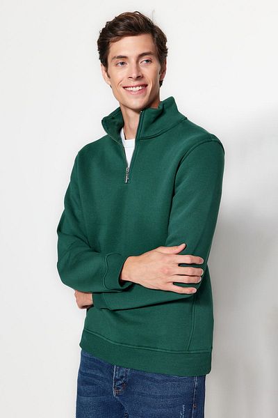 Trendyol Collection Grünes Fleece-Baumwoll-Sweatshirt – Stehkragen, Reißverschluss TMNAW24SW00041