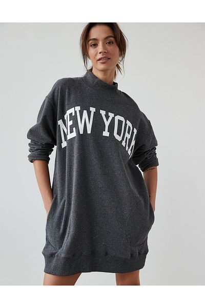 AMERICAN EAGLE AE Oversized Fleece Mock Neck City Graphic Mini Dress