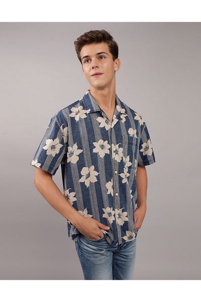 AMERICAN EAGLE قميص حمام سباحة بأزرار مطبوع من AE U-2154-6330