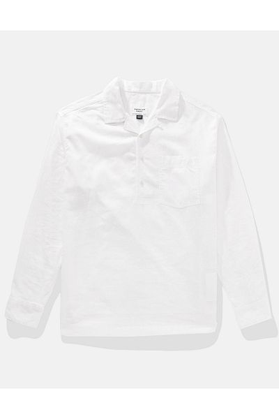 AMERICAN EAGLE Ae Long-Sleeve Linen-Blend Popover Shirt