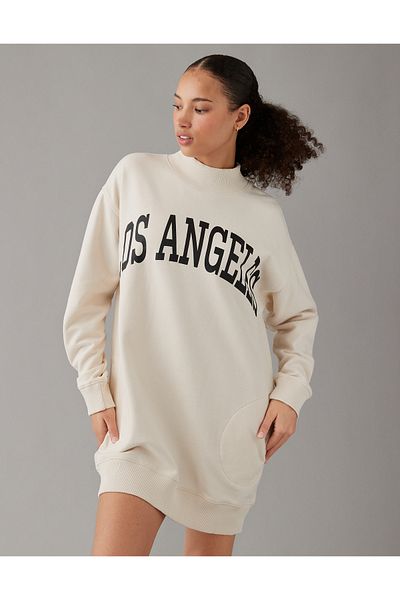AMERICAN EAGLE AE Oversized Fleece Mock Neck City Graphic Mini Dress