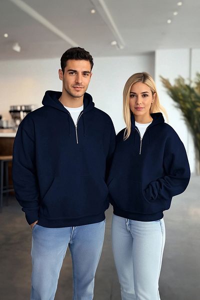 Trendyol Collection Тъмносин, основен, голям/широк крой, с цип и качулка, без повдигане TMNAW25SW00103