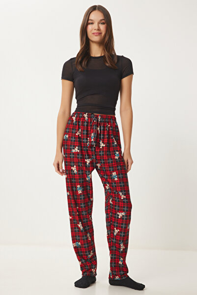 Happiness İstanbul Kadın Kırmızı Siyah Desenli Yumuşak Dokulu Örme Pijama Altı CE00089