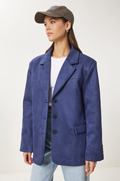 Happiness İstanbul Női sötétkék prémium velúr blézerkabát FN03443