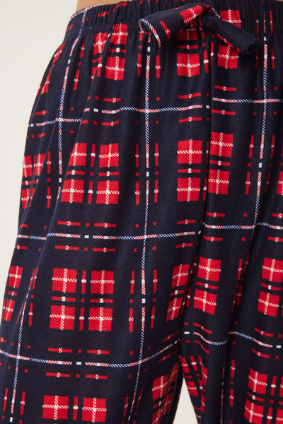Happiness İstanbul Sötétkék piros mintás puha női kötött pizsama alsó - CE00089