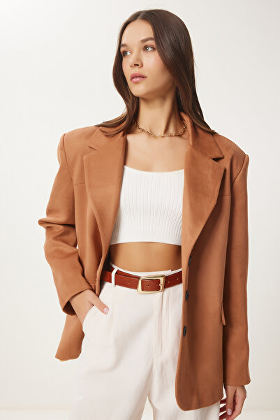 Happiness İstanbul Dámska bunda Camel Premium Suede Blazer Fn03443