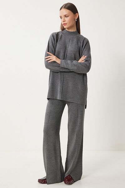 Happiness İstanbul Graues stilvolles Strickpullover-Hosen-Set für Damen MU00012