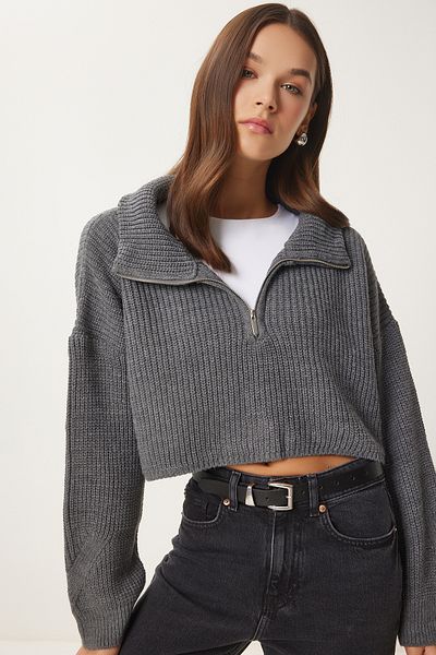 Happiness İstanbul Women's Anthracite Zip Turtleneck Knitwear Sweater Mx00124
