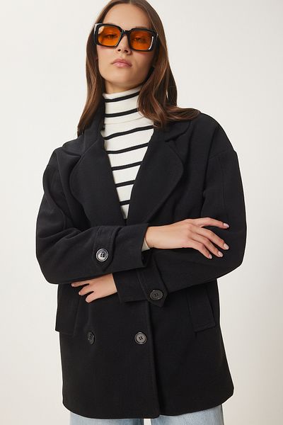Happiness İstanbul Women's Black Double Breasted Lapel Cashmere Coat Dd01342