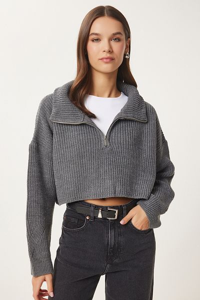 Happiness İstanbul Women's Anthracite Zip Turtleneck Knitwear Sweater Mx00124