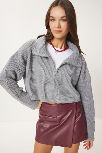 Happiness İstanbul Women's Gray Zip Turtleneck Knitwear Sweater Mx00124