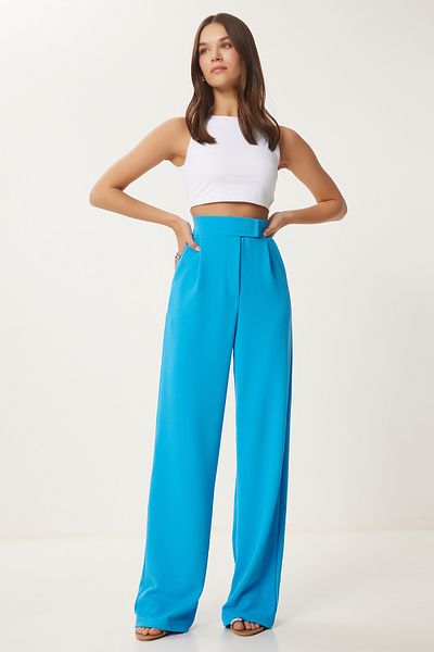 Happiness İstanbul Blaue, bequeme, gewebte Damenhose mit Klettverschluss an der Taille RV00150