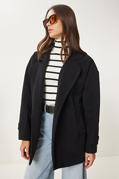 Happiness İstanbul Γυναικείο παλτό με διπλό γιακά σε μαύρο χρώμα DD01342
