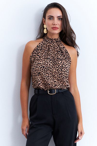 Cool & Sexy Női tevefekete kötőfék nyakú leopárdmintás blúz LPP1273