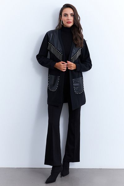 Cool & Modest Cardigan cu împânzire cu detalii din piele artificială neagră pentru femei MPK809