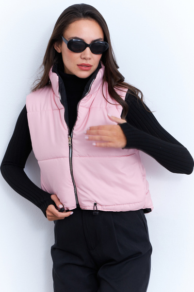 Cool & Sexy Kadın Pembe-Siyah Çift Taraflı Şişme Kısa Yelek MX12