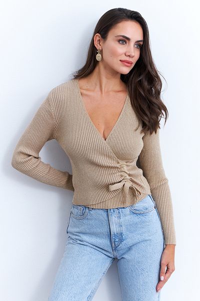 Cool & Sexy Γυναικεία Camel Double Breasted Gathered Glitter Μπλούζα KED173