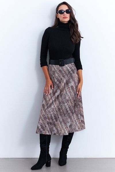 Cool & Sexy Fusta clopot din satin cu imprimeu șarpe negru pentru femei ELT161