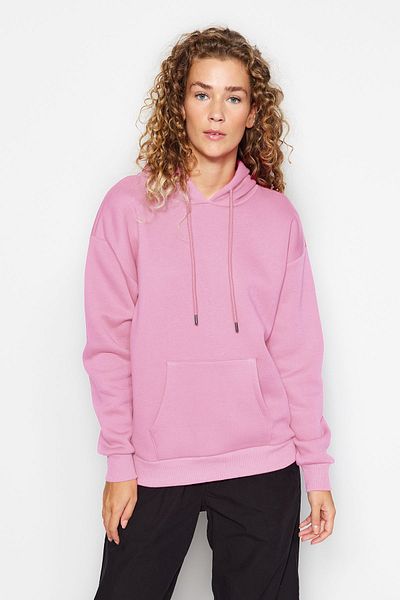 Trendyol Collection Světle růžová tlustá fleecová oversize pletená mikina s kapucí Twoaw24Sw00103