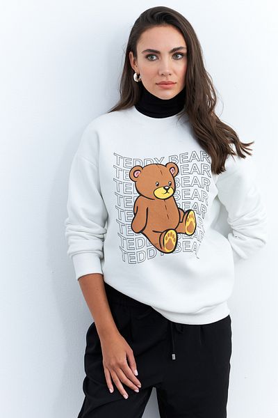 Cool & Sexy Women's Ecru Teddy Bear Printed Sweatshirt ZM288