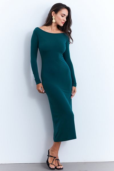 Cool & Sexy Rochie de damă maxi cu gât barcă de culoare benzină - Anul Nou HOR03