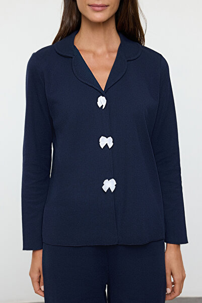 Trendyol Collection Sötétkék szalag/masni gofri szövet kötött pizsama szett THMAW25PT00195