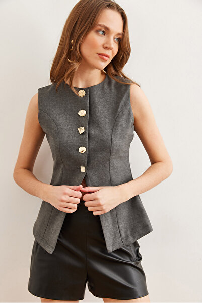 Olalook Γυναικείο υφαντό γιλέκο με καπνιστό κουμπί με λεπτομέρεια YLK- 19000044