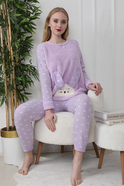 Trendyol Collection Lilac 3-dílný Heart Sleep Band Fleece Zimní pletená sada pyžama Thmaw21Pt0666