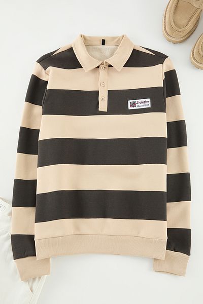 Trendyol Collection Bavlněná proužkovaná mikina s límečkem Polo - Mink Regular Cut Tmnaw24Sw00240