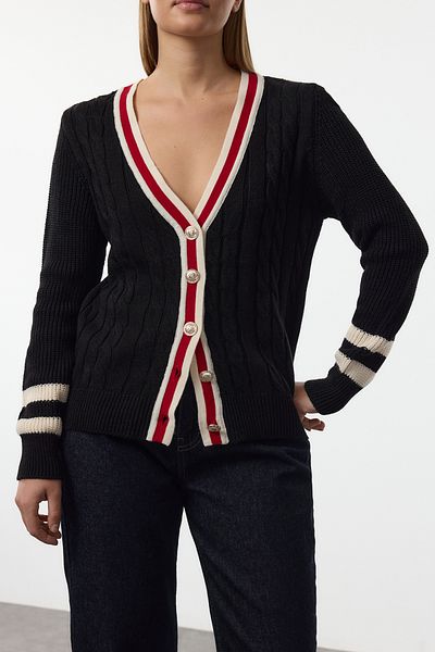 Edit by Trendyol Black Color Block Hair Braided Knitwear Cardigan Tedaw25Hi00014