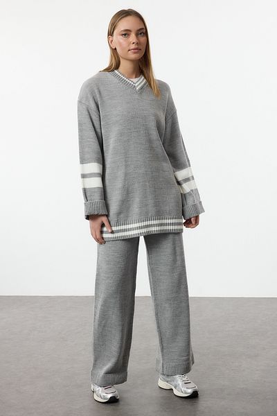 Trendyol Modest Gray Melange Color Blocked Striped Knitwear Top and Bottom Skirt Sweater Set Tctaw25Us00011