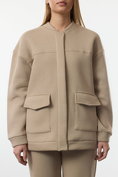 Trendyol Modest Beige Soft Scuba Fabric Pocket Bomber Jacket Pants Knitted Bottom-Top Suit Tctaw25Us00120