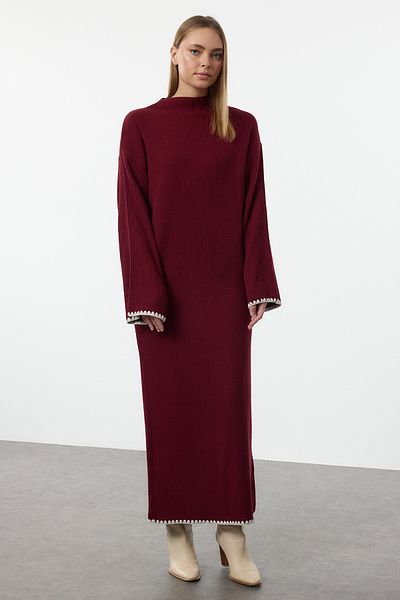 Trendyol Modest Μπορντό ραφές Λεπτομερές μακρύ πλεκτό φόρεμα TCTAW25EB00001