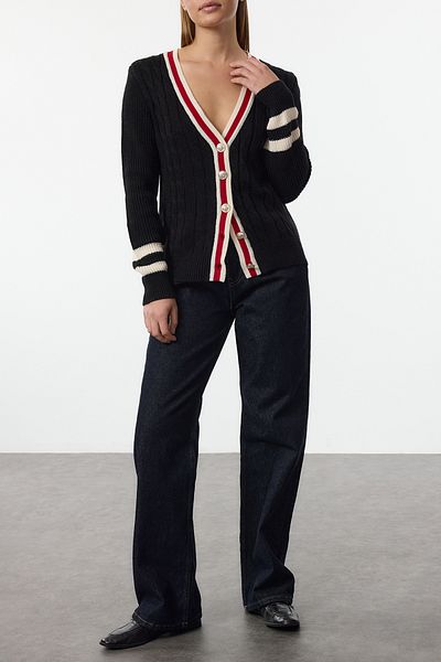 Edit by Trendyol Black Color Block Hair Braided Knitwear Cardigan Tedaw25Hi00014