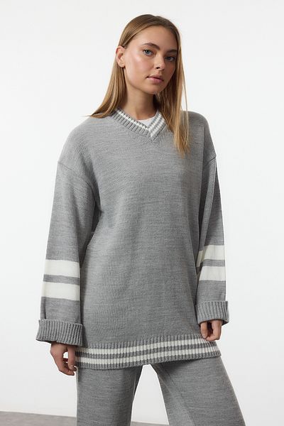 Trendyol Modest Gray Melange Color Blocked Striped Knitwear Top and Bottom Skirt Sweater Set Tctaw25Us00011