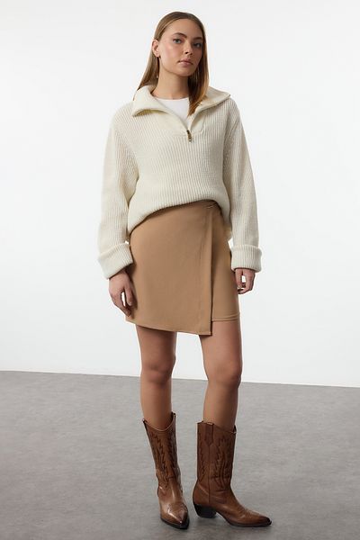 Trendyol Collection Μίνι υφαντή φούστα με διπλό στήθος - Camel TWOAW25ET00070