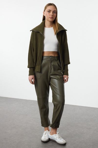 Trendyol Collection Lehúzható galléros cipzáras khaki kötöttáru kardigán - széles szabású TWOAW24HI00072