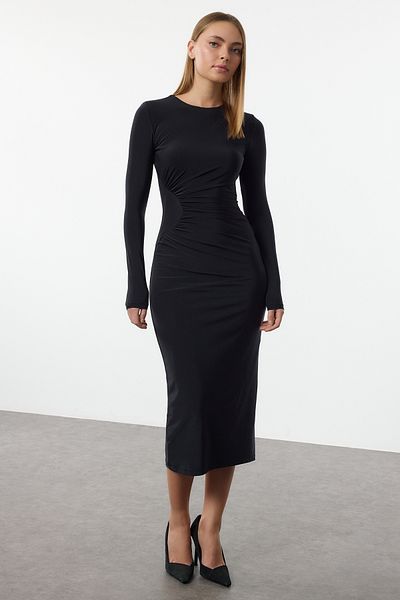 Trendyol Collection Μίντι πλεκτό φόρεμα Navy με ελαστικό ύφασμα - πλισέ, εφαρμοστό σώμα TWOAW25EL00519