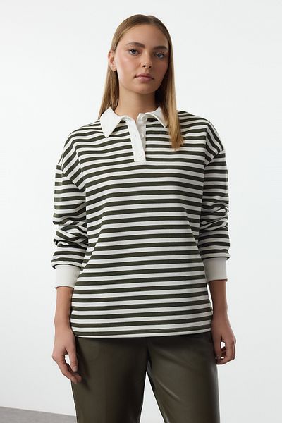 Trendyol Collection Polo límec Khaki pruhovaná oversize mikina - silný fleece uvnitř Twoaw24Sw00344