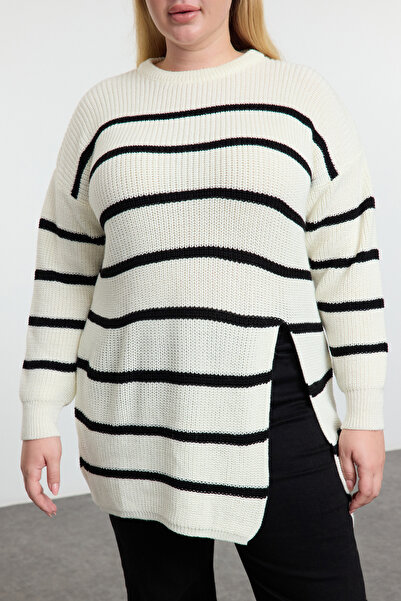 Trendyol Curve Ecru Striped Slit Long Knitwear Sweater Tbbaw25An00058